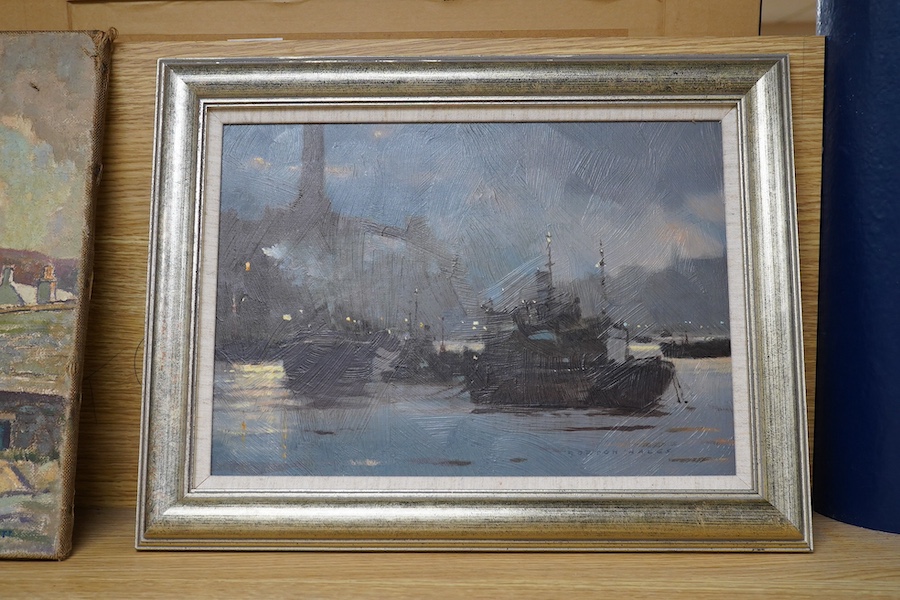 Gordon Hales (1916-1997), oil on board, 'Upstream from Greenwich', 24 x 34cm. Condition - good